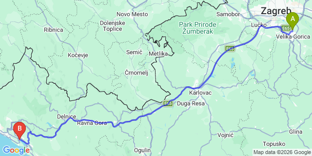 Map: Zagreb Airport (ZAG) to Bakar