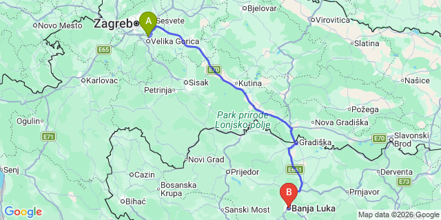Map: Zagreb Airport (ZAG) to Banja Luka