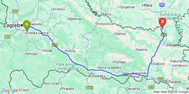 Map: Zagreb Airport (ZAG) to Beli Manastir