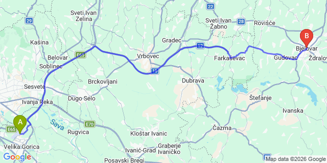 Map: Zagreb Airport (ZAG) to Bjelovar