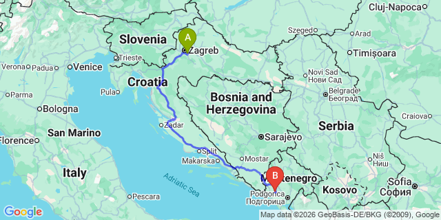 Map: Zagreb Airport (ZAG) to Budva