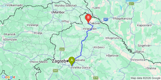 Map: Zagreb Airport (ZAG) to Cakovec