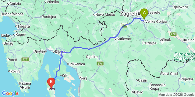 Map: Zagreb Airport (ZAG) to Cres