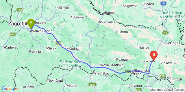 Map: Zagreb Airport (ZAG) to Dakovo