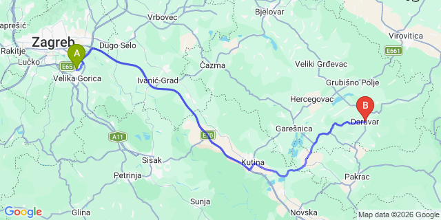 Map: Zagreb Airport (ZAG) to Daruvar