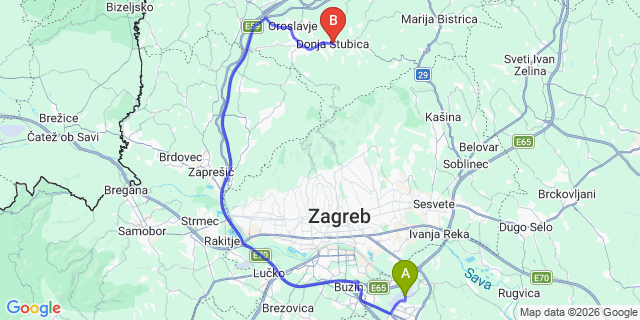 Map: Zagreb Airport (ZAG) to Donja Stubica