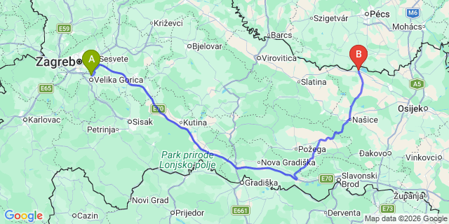 Map: Zagreb Airport (ZAG) to Donji Miholjac
