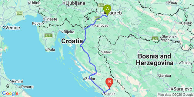 Map: Zagreb Airport (ZAG) to Drnis
