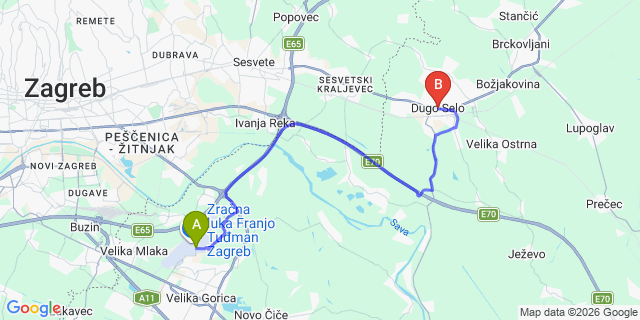 Map: Zagreb Airport (ZAG) to Dugo Selo