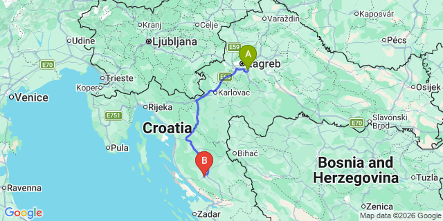 Map: Zagreb Airport (ZAG) to Gospic