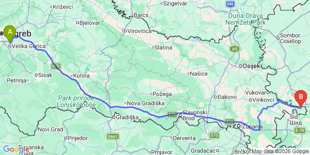 Map: Zagreb Airport (ZAG) to Ilok