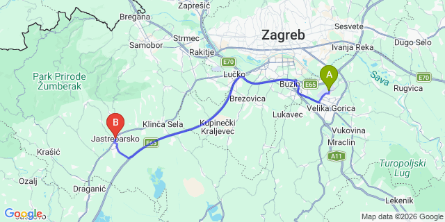 Map: Zagreb Airport (ZAG) to Jastrebarsko