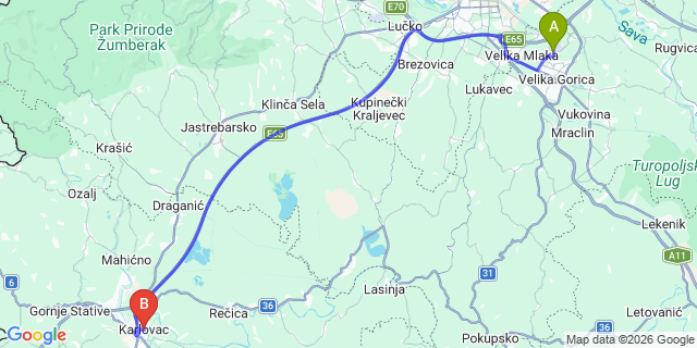 Map: Zagreb Airport (ZAG) to Karlovac