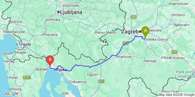 Map: Zagreb Airport (ZAG) to Kastav