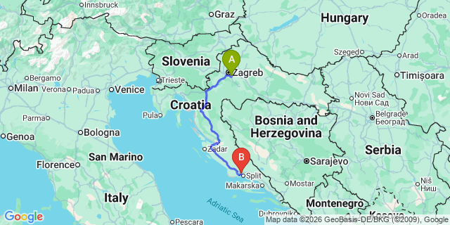 Map: Zagreb Airport (ZAG) to Kastela