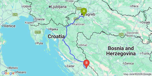Map: Zagreb Airport (ZAG) to Knin