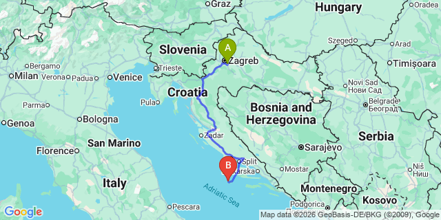Map: Zagreb Airport (ZAG) to Komiza