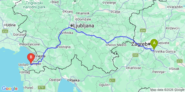 Map: Zagreb Airport (ZAG) to Kopar