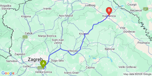 Map: Zagreb Airport (ZAG) to Koprivnica