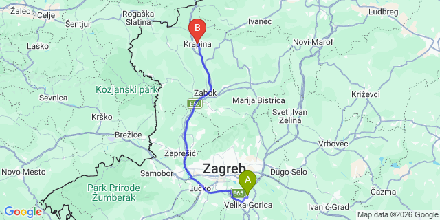 Map: Zagreb Airport (ZAG) to Krapina