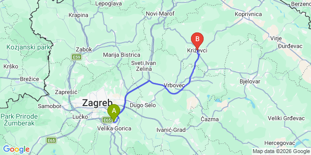 Map: Zagreb Airport (ZAG) to Krizevci