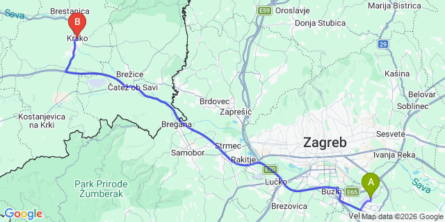 Map: Zagreb Airport (ZAG) to Krsko