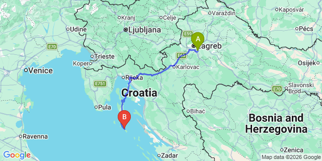 Map: Zagreb Airport (ZAG) to Mali Losinj