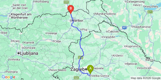 Map: Zagreb Airport (ZAG) to Maribor