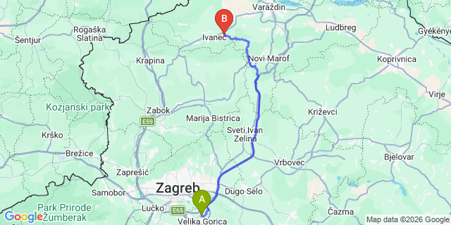 Map: Zagreb Airport (ZAG) to Murska Sobota