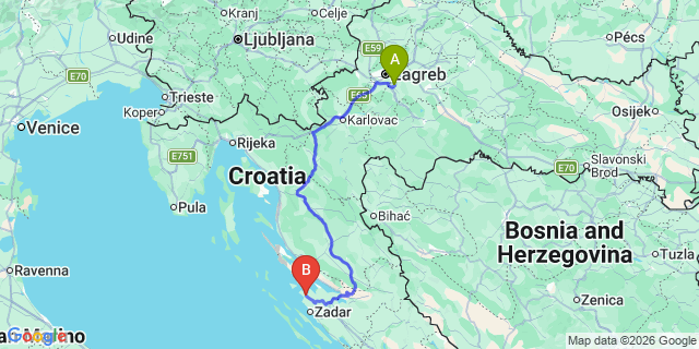 Map: Zagreb Airport (ZAG) to Nin