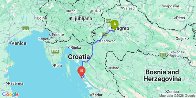 Map: Zagreb Airport (ZAG) to Novalja