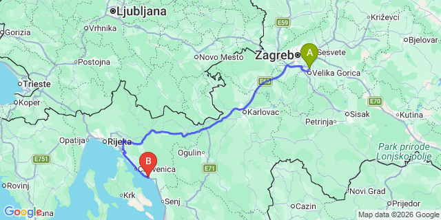 Map: Zagreb Airport (ZAG) to Novi Vinodolski