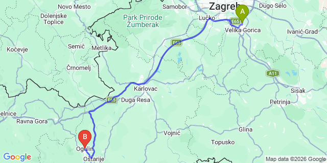 Map: Zagreb Airport (ZAG) to Ogulin