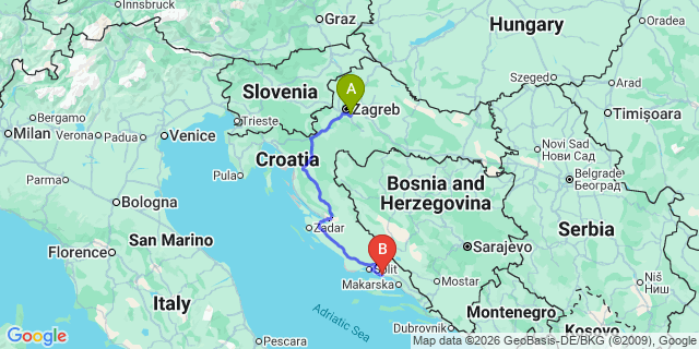 Map: Zagreb Airport (ZAG) to Omis