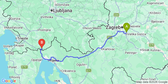 Map: Zagreb Airport (ZAG) to Opatija