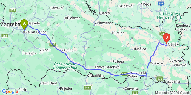 Map: Zagreb Airport (ZAG) to Osijek