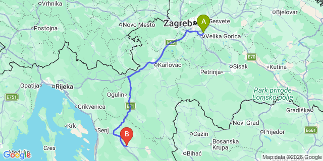 Map: Zagreb Airport (ZAG) to Otocac