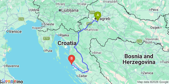 Map: Zagreb Airport (ZAG) to Pag