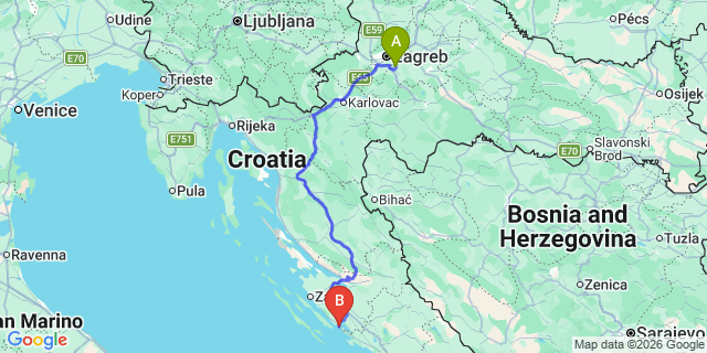 Map: Zagreb Airport (ZAG) to Pakostane