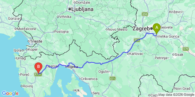Map: Zagreb Airport (ZAG) to Pazin