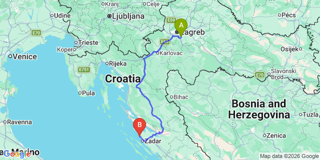 Map: Zagreb Airport (ZAG) to Petrcane