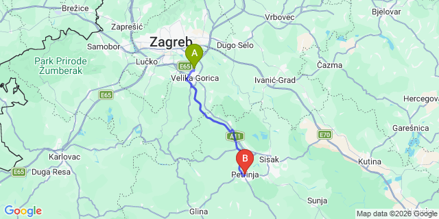 Map: Zagreb Airport (ZAG) to Petrinja