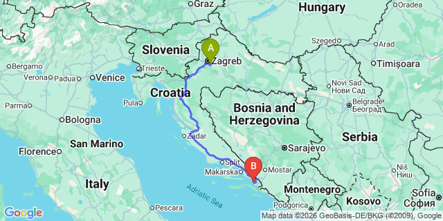 Map: Zagreb Airport (ZAG) to Ploce