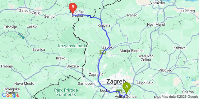 Map: Zagreb Airport (ZAG) to Podcetrtek