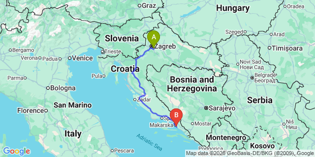 Map: Zagreb Airport (ZAG) to Podgora
