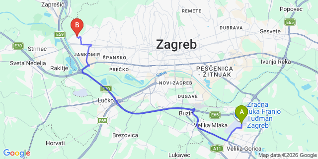Map: Zagreb Airport (ZAG) to Podsused