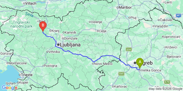 Map: Zagreb Airport (ZAG) to Postojna