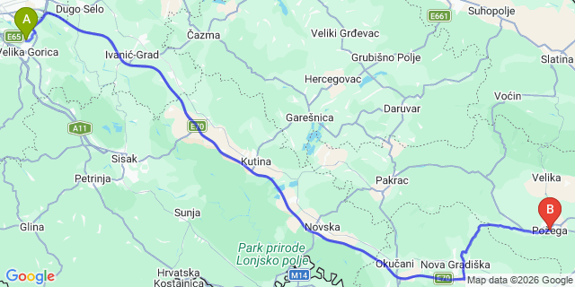 Map: Zagreb Airport (ZAG) to Pozega