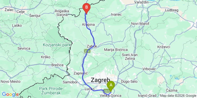 Map: Zagreb Airport (ZAG) to Ptuj