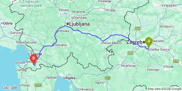 Map: Zagreb Airport (ZAG) to Pula